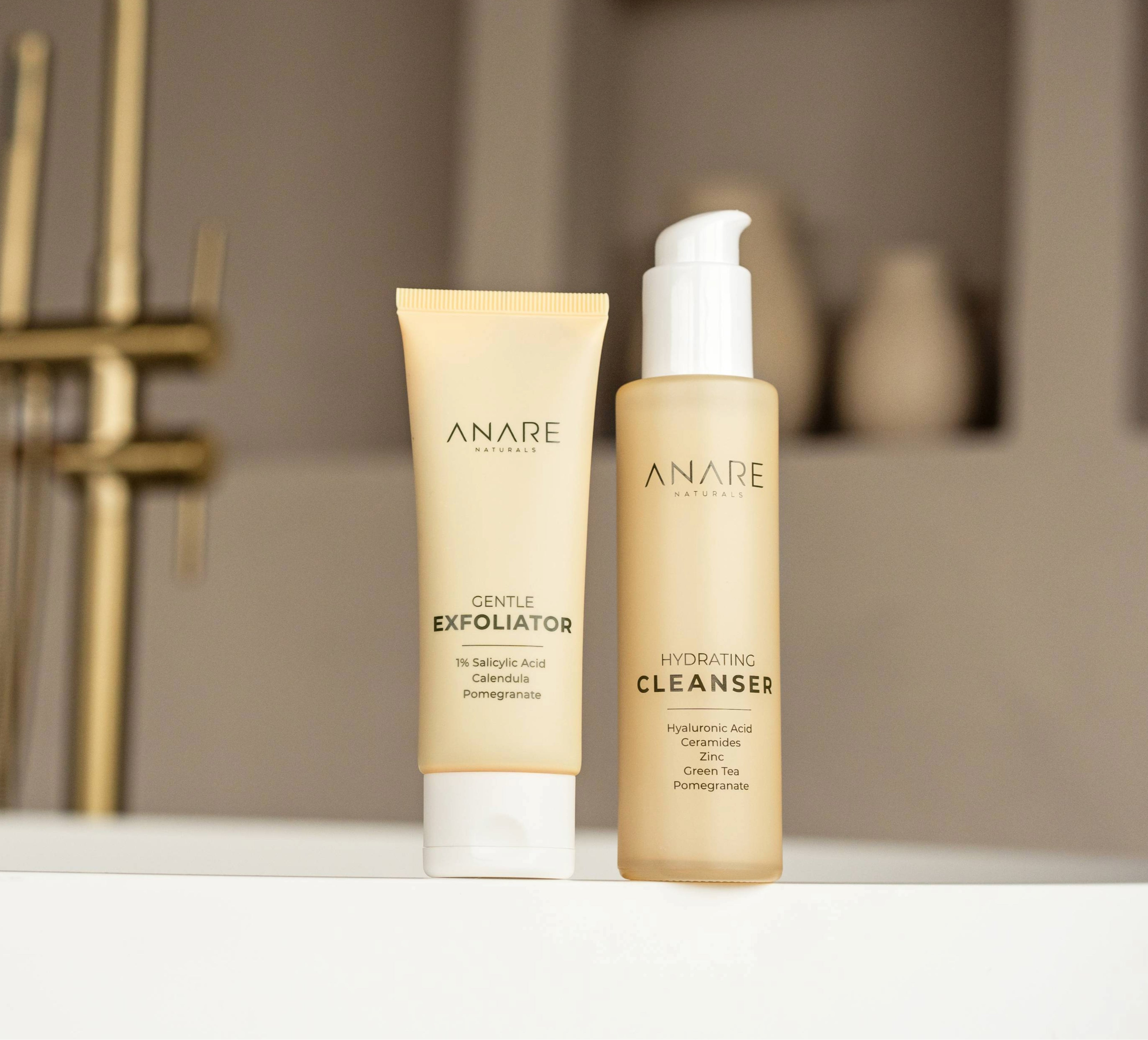 Two skincare products from ANARE on a shelf with a blurred background