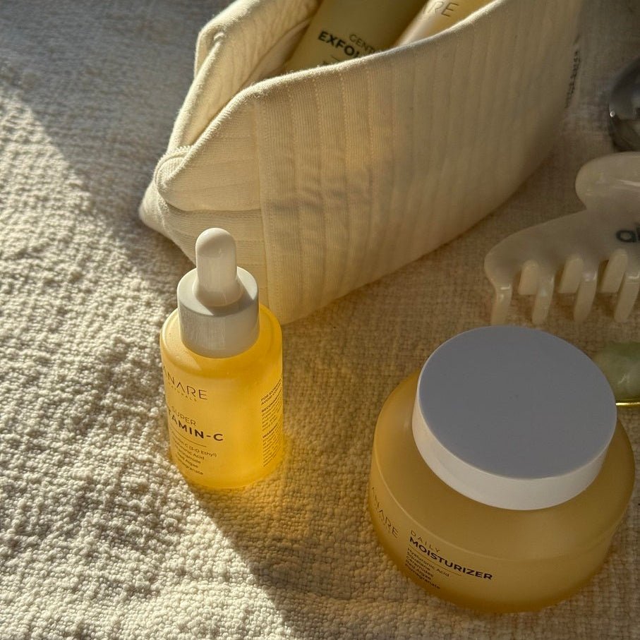 Hydrate and Glow bundle from Anare Naturals on a cloth in the sun